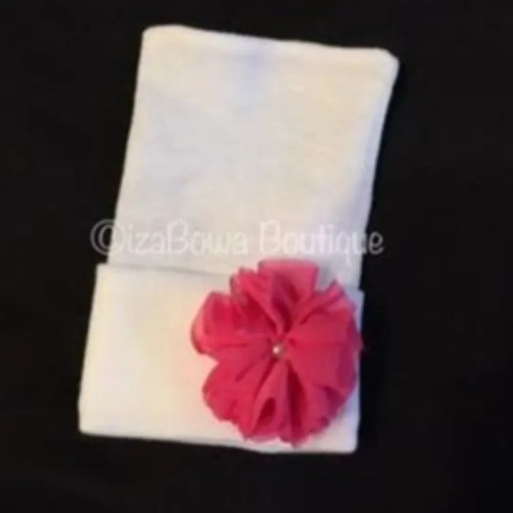 White Newborn Hat with Pink Flower NB370 Handmade Boutique